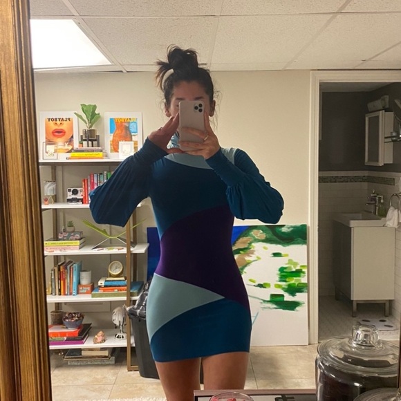 Vintage 60’s Retro Color-block Balloon Sleeve Dress in Teal & Purple | Size S - Picture 7 of 11